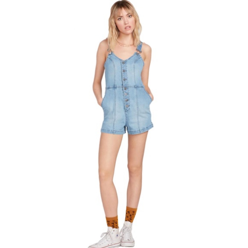 Volcom Liberator 2 Denim Romper Shorts Overalls